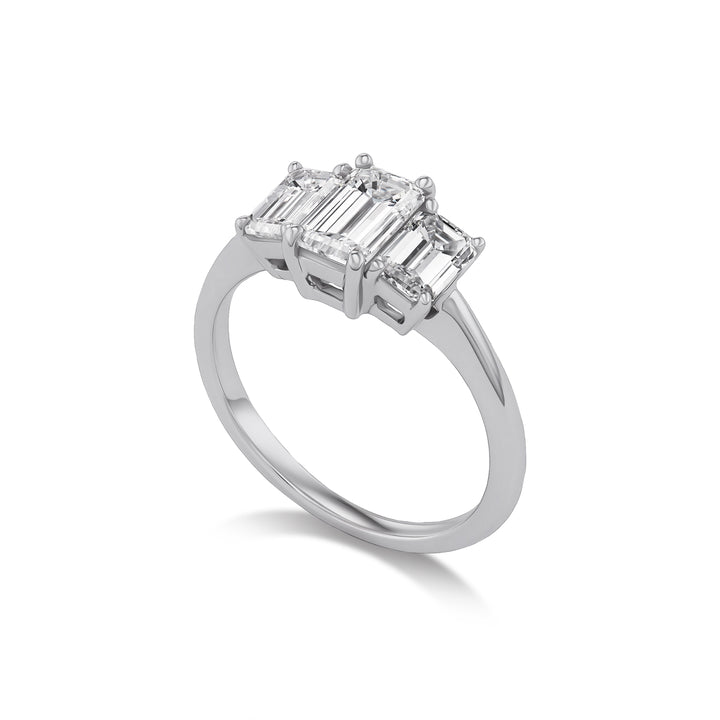 14K White Gold Three Stone Ring with Emerald Cut Natural Diamonds