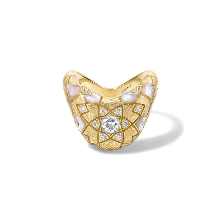 14K Yellow Gold Big ZAHA Retro Ring with  Diamonds, Mother of Pearl & Hand Engraved Details