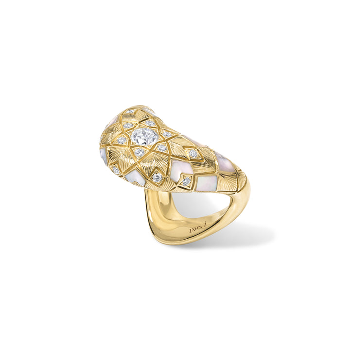 14K Yellow Gold Big ZAHA Retro Ring with  Diamonds, Mother of Pearl & Hand Engraved Details