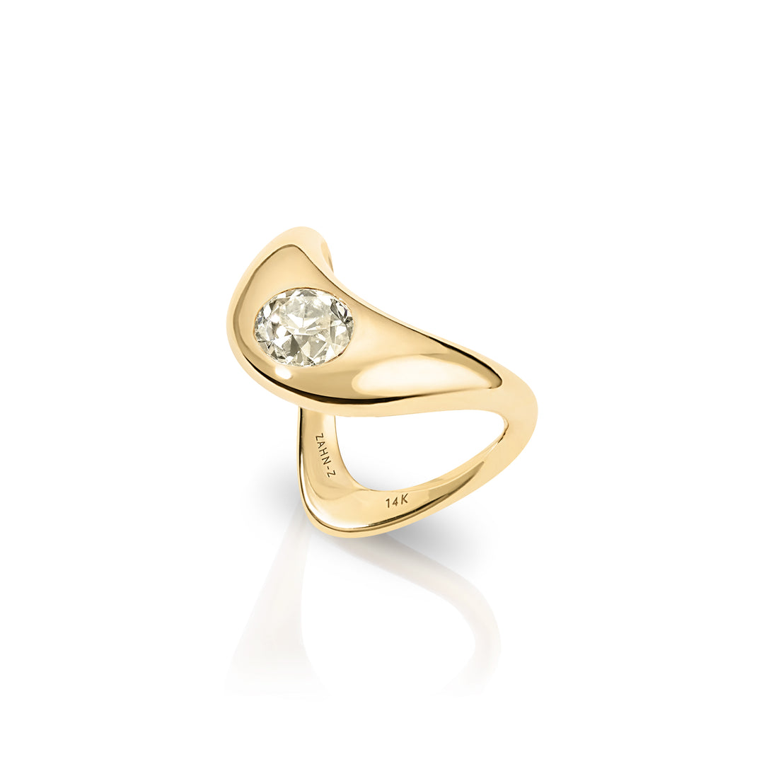 14K Yellow Gold Medium ZAHA Ring with Champagne Old European Cut Round Diamond