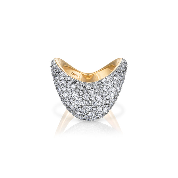 14K Yellow Gold Large ZAHA Ring with Pave Set Diamonds