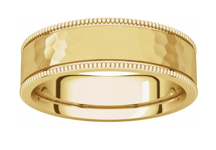 14K Yellow Gold Men's  Band with Satin Hammered Finish and Milgrain Edge.