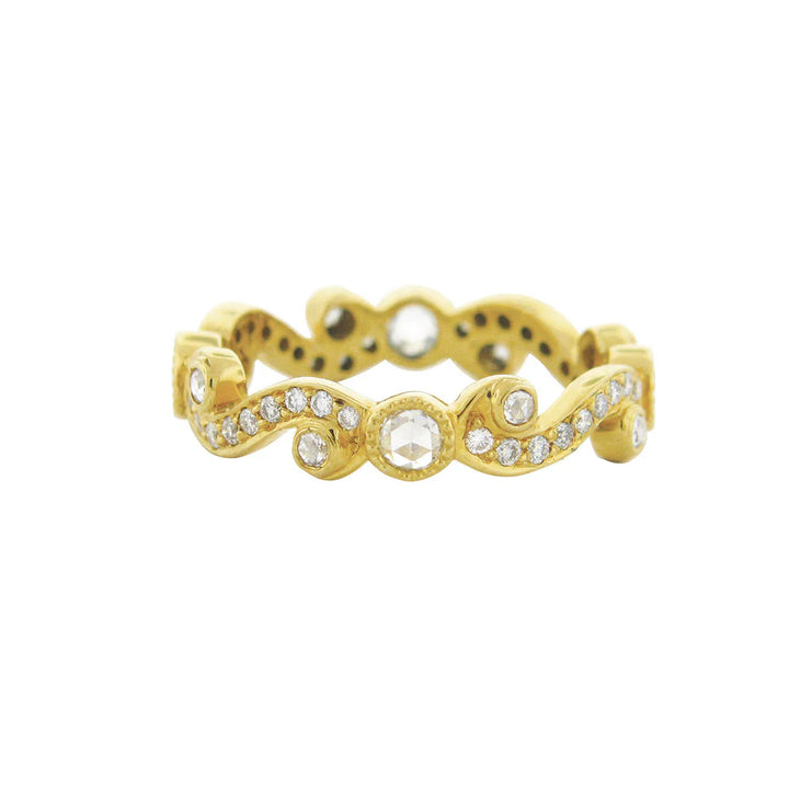 18K Yellow Gold Scroll Rose Cut and Brilliant Cut White Diamond Band