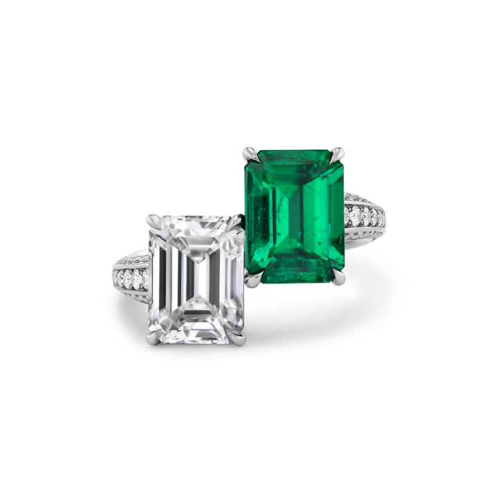 Platinum Emerald and Diamond Moi et Toi Ring