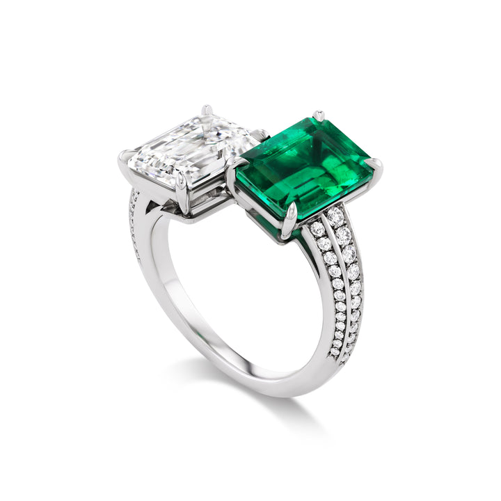 Platinum Emerald and Diamond Moi et Toi Ring