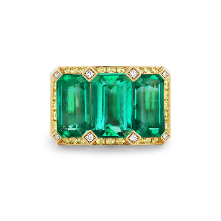 18K Gold Emerald and Fancy Yellow Diamond and Diamond Ring
