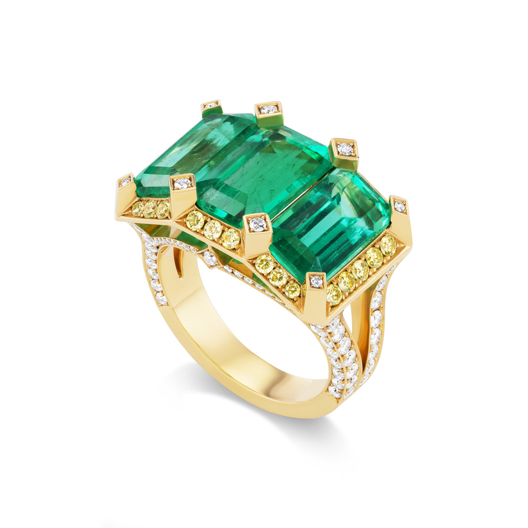 18K Gold Emerald and Fancy Yellow Diamond and Diamond Ring