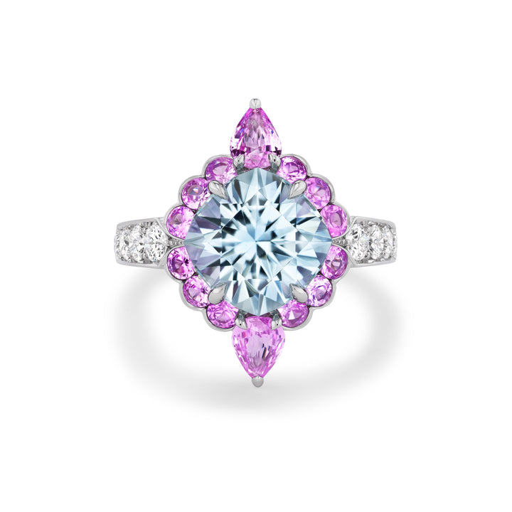 Platinum Paraiba Type Tourmaline, Pink Sapphire and Diamond Ring