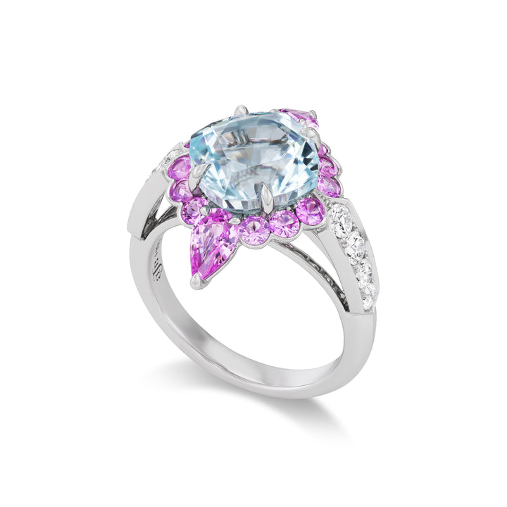 Platinum Paraiba Type Tourmaline, Pink Sapphire and Diamond Ring