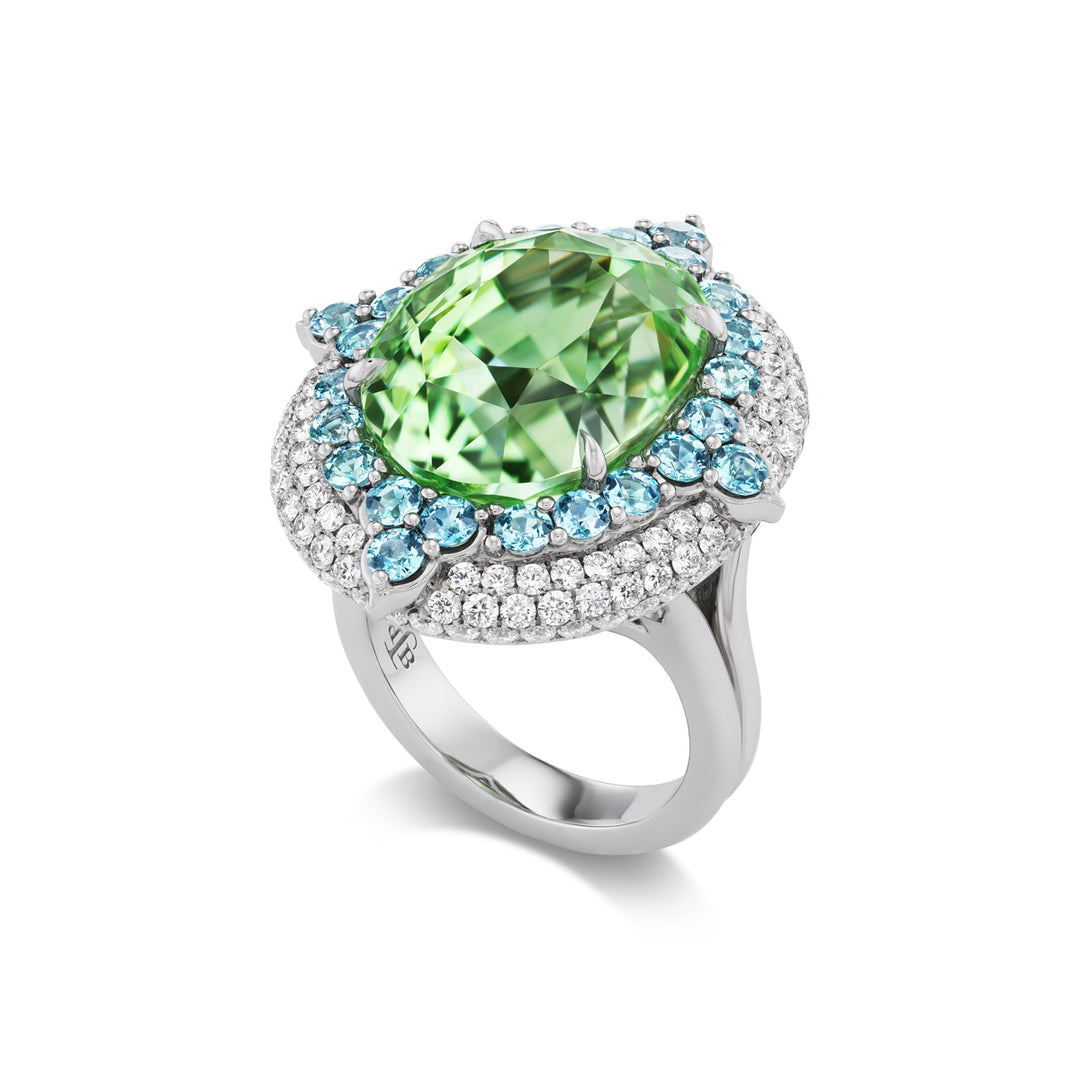 Platinum Paraiba Type Tourmaline, Alexandrite & Diamond Ring