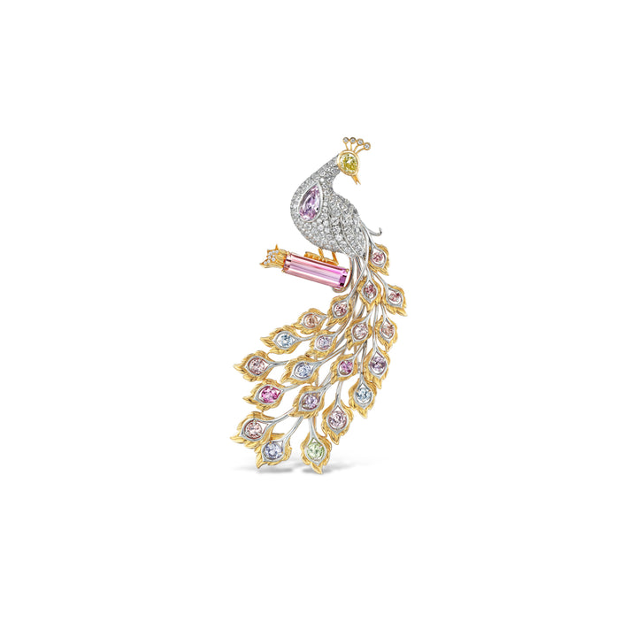 18K Yellow Gold and Platinum Peacock Brooch Pendant