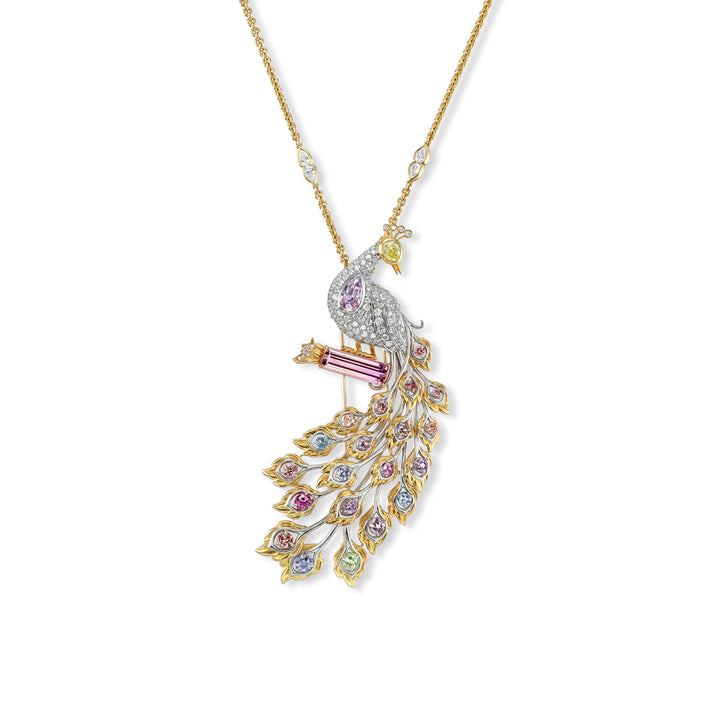 18K Yellow Gold and Platinum Peacock Brooch Pendant