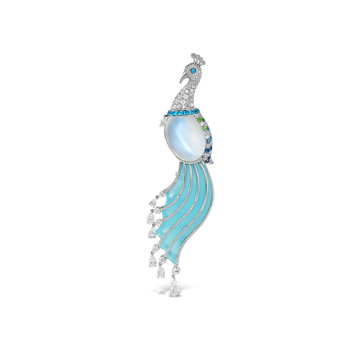 Platinum Moonstone, Agate and Diamond Peacock Brooch or Pendant