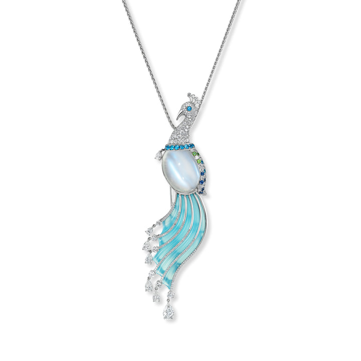 Platinum Moonstone, Agate and Diamond Peacock Brooch or Pendant