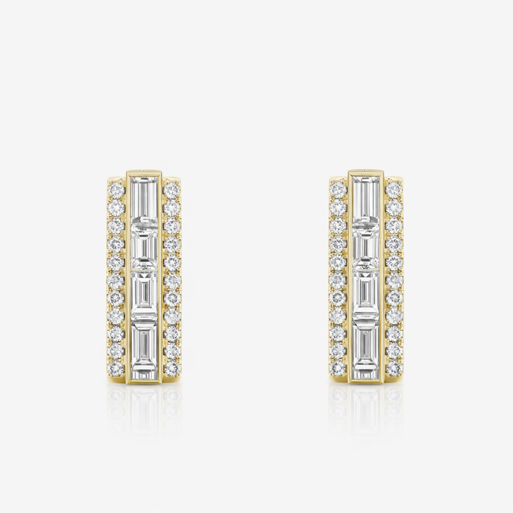 18K Yellow Gold Square Earrings with Round Brilliant Cut and Baguette Diamonds