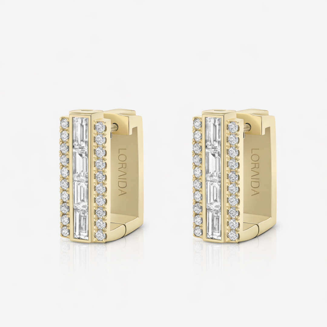 18K Yellow Gold Square Earrings with Round Brilliant Cut and Baguette Diamonds