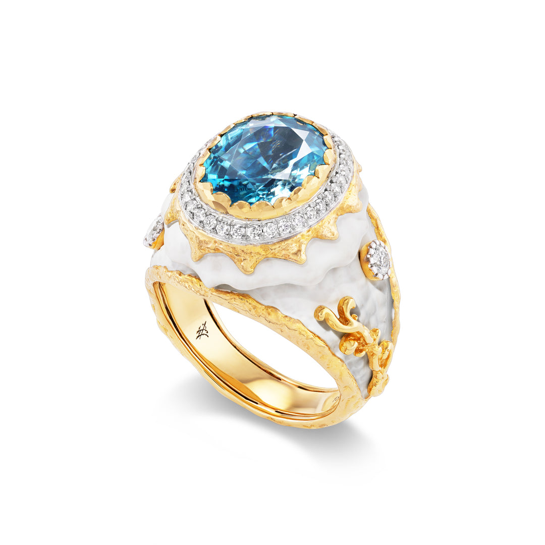 18K Yellow Gold,  Blue Zircon & Diamond Ring