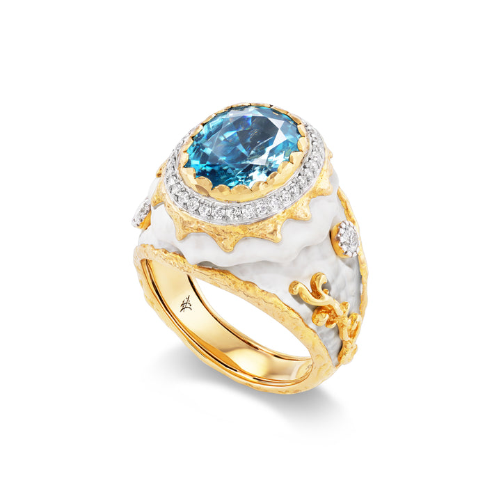 18K Yellow Gold,  Blue Zircon & Diamond Ring