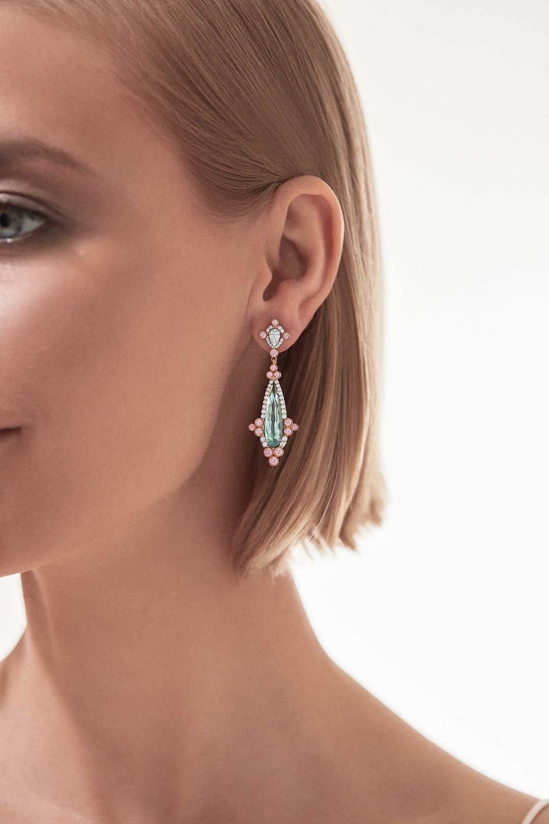18K Pink Gold and Platinum Drop Earrings Featuring Green Tourmaline & Pink Diamonds