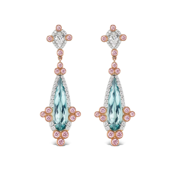 18K Pink Gold and Platinum Drop Earrings Featuring Green Tourmaline & Pink Diamonds