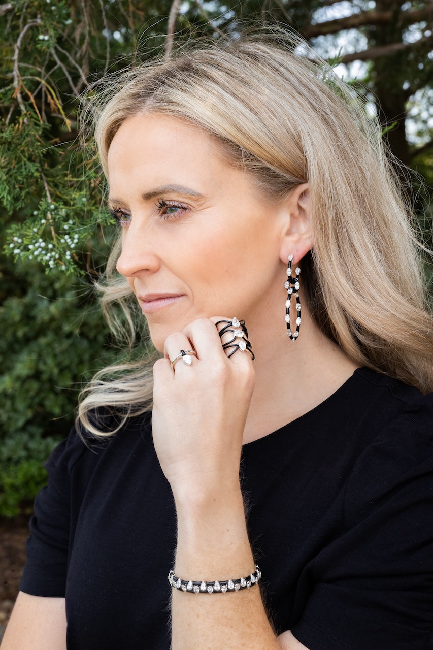 18K White Gold, Oval Diamond and Black Onyx Drop Hoop Earrings