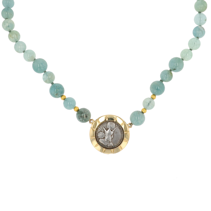 18K Yellow Gold Aquamarine and Sasanian Kings Roman Coin Necklace