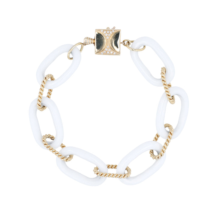 "White Iris"  Cacholong Opal & 18K Yellow Gold  Cable Link Bracelet