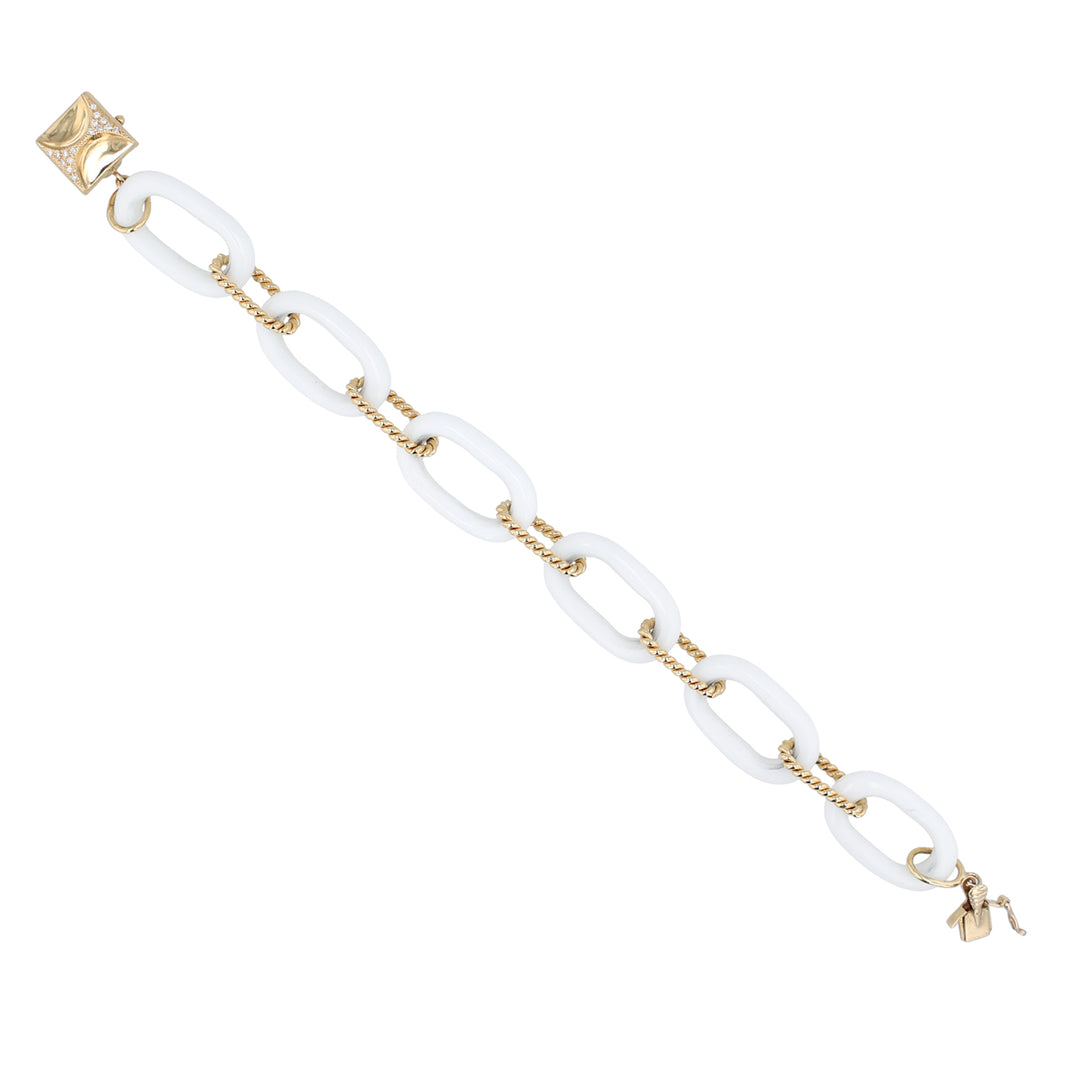 "White Iris"  Cacholong Opal & 18K Yellow Gold  Cable Link Bracelet