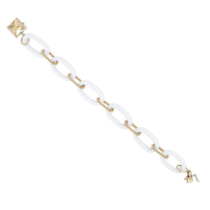 "White Iris"  Cacholong Opal & 18K Yellow Gold  Cable Link Bracelet