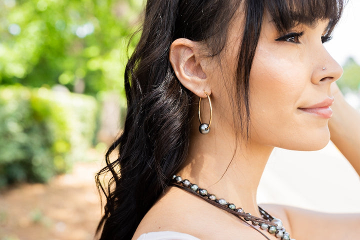 14K Yellow Gold Tahitian Pearl Hoop Earrings