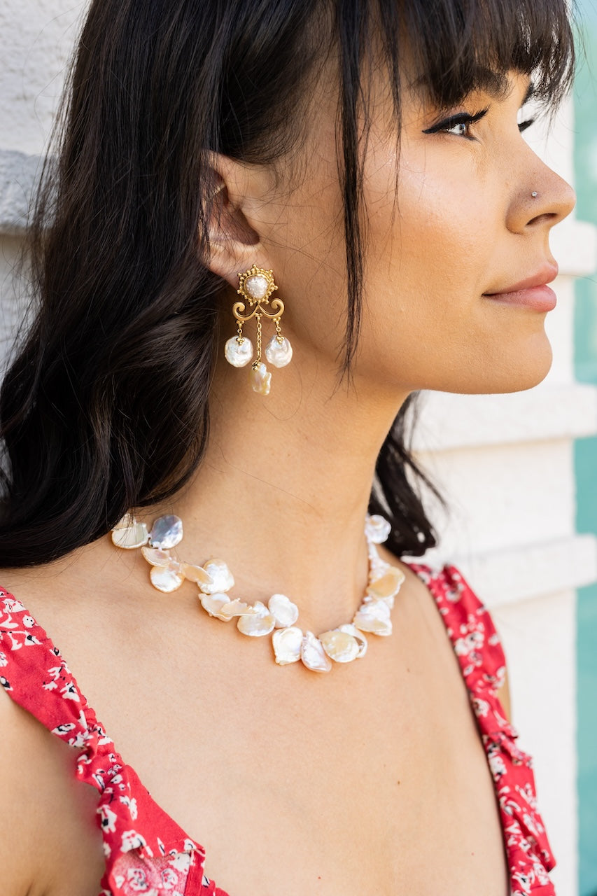 18K Yellow Gold,  Pearl & Petal Pearl Earrings