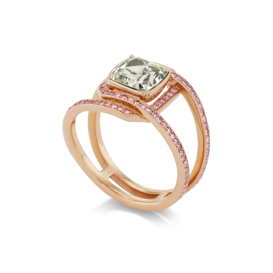 18K Rose Gold Cushion Fancy Light Grayish Greenish Yellow and Pink Diamond Ring