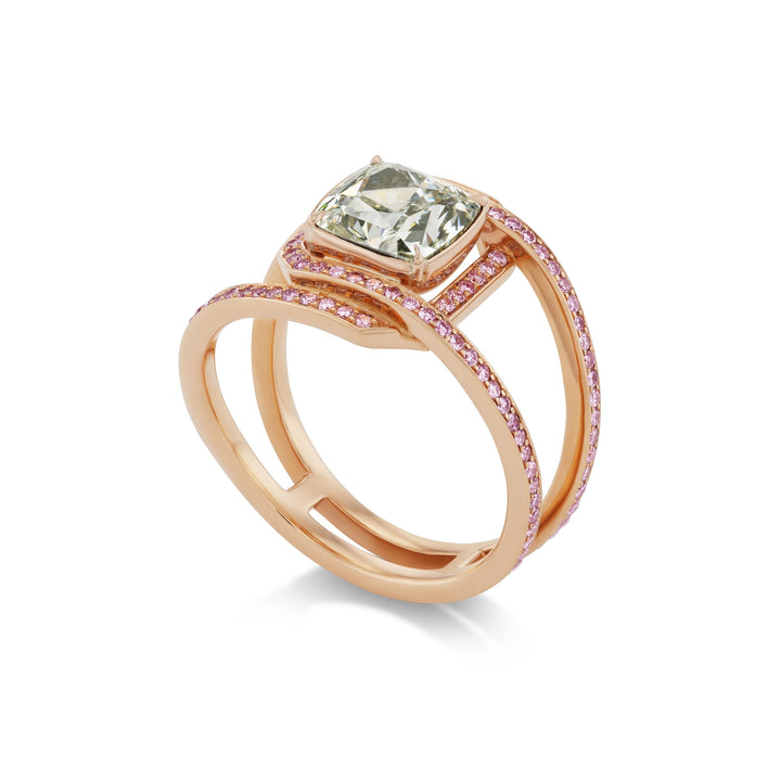18K Rose Gold Cushion Fancy Light Grayish Greenish Yellow and Pink Diamond Ring