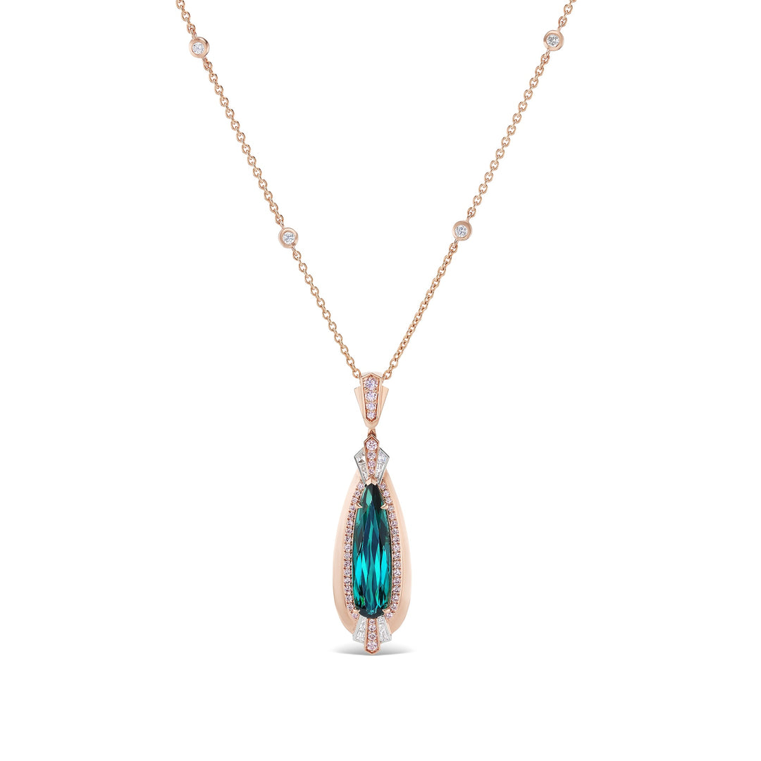 18K Pink and White Gold, Pear Shape Green Tourmaline Pendant Necklace with Argyle Pink & White Diamonds