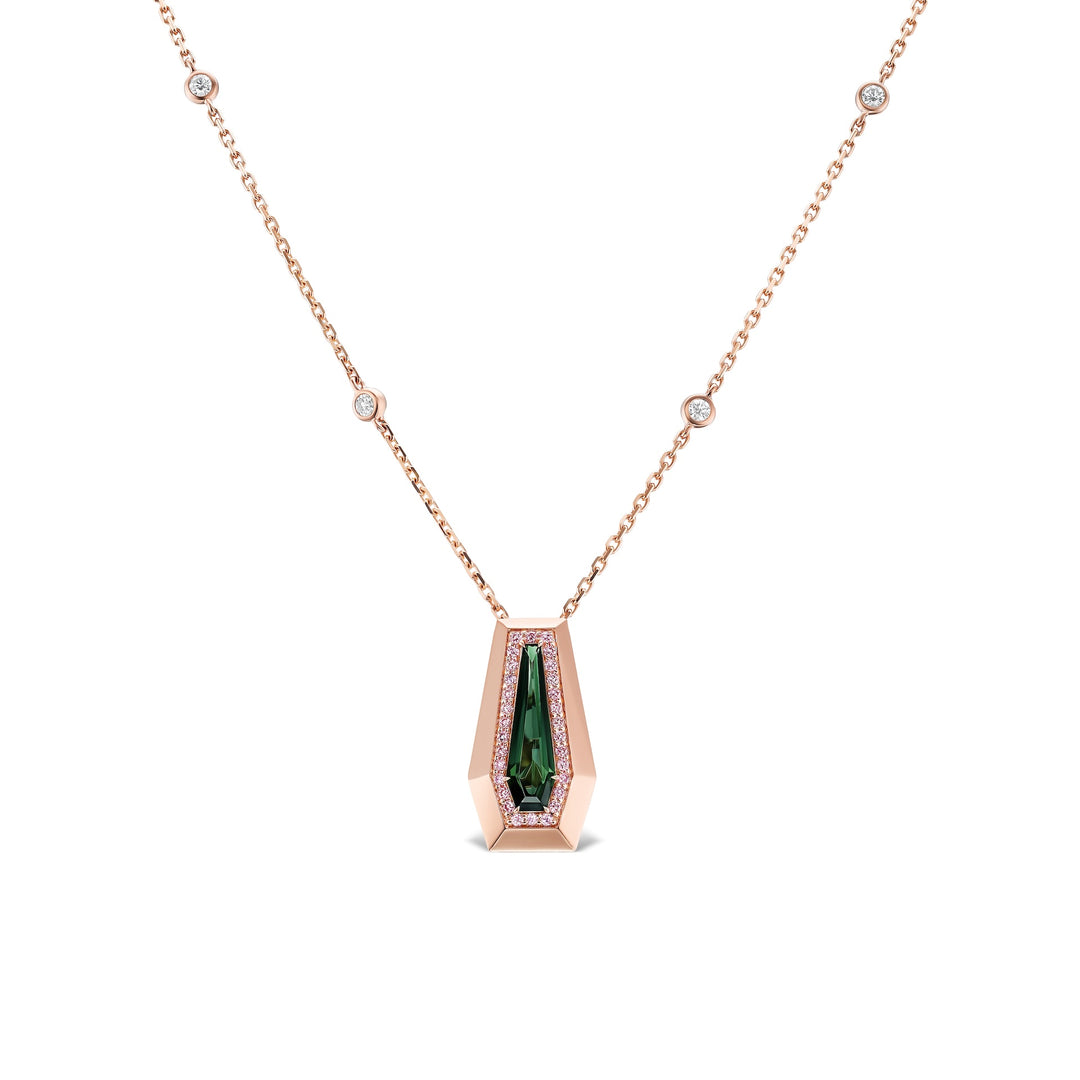 18K Pink Gold Necklace with Shield Green Tourmaline set with Round Argyle Pink & White Diamonds