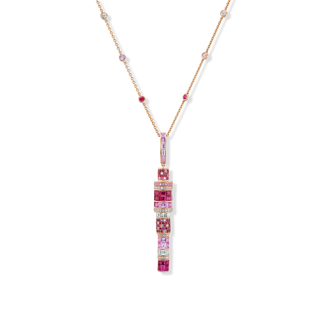 18K Rose Gold Kryptonite Pendant Necklace with Square and Round Rubies, Pink Sapphires and Diamonds