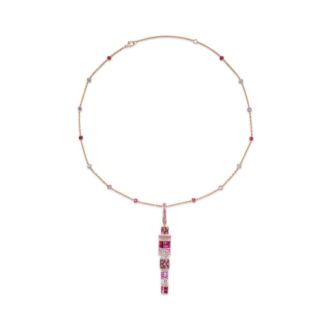 18K Rose Gold Kryptonite Pendant Necklace with Square and Round Rubies, Pink Sapphires and Diamonds
