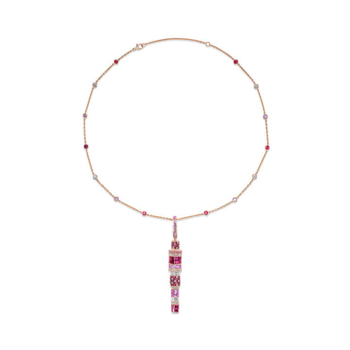18K Rose Gold Kryptonite Pendant Necklace with Square and Round Rubies, Pink Sapphires and Diamonds