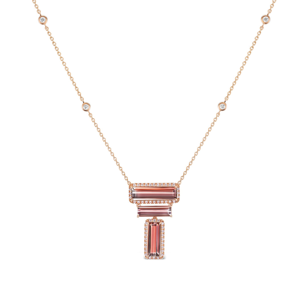 18K Pink Gold Rectangular Pink Tourmaline Necklace set with Round Argyle PInk and White Diamonds