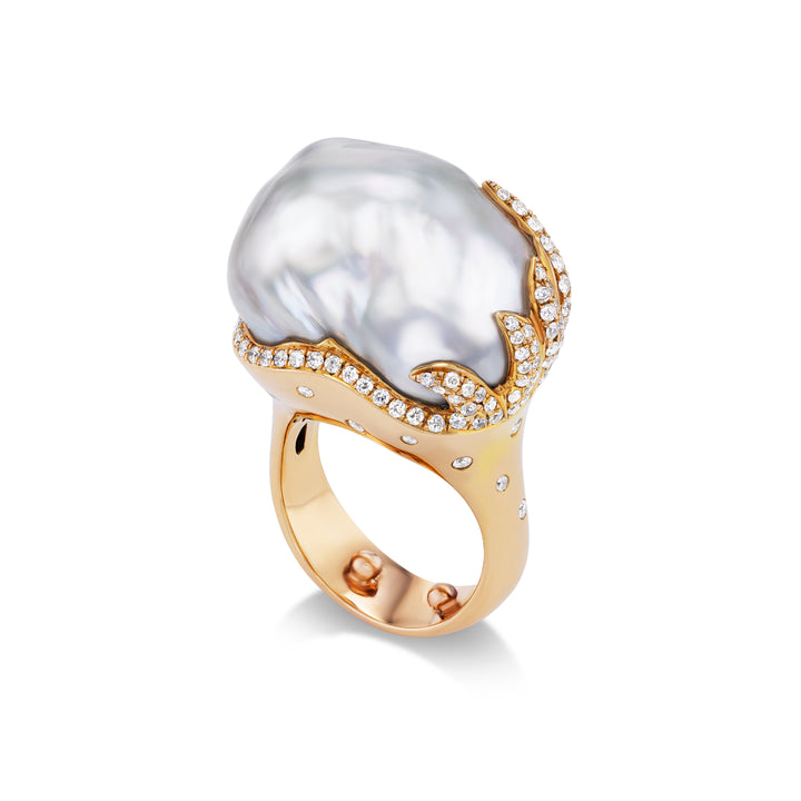 18K Rose Gold,  White South Sea Pearl & Diamond Ring