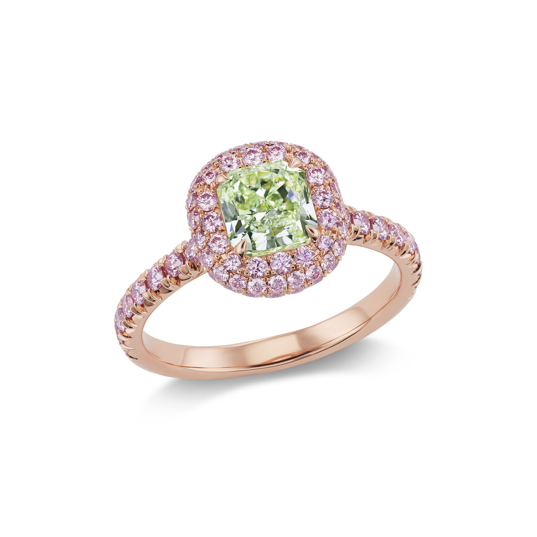18K Pink Gold Ring with Radiant Fancy Light Yellowish Green Diamond & Argyle Pink Diamonds