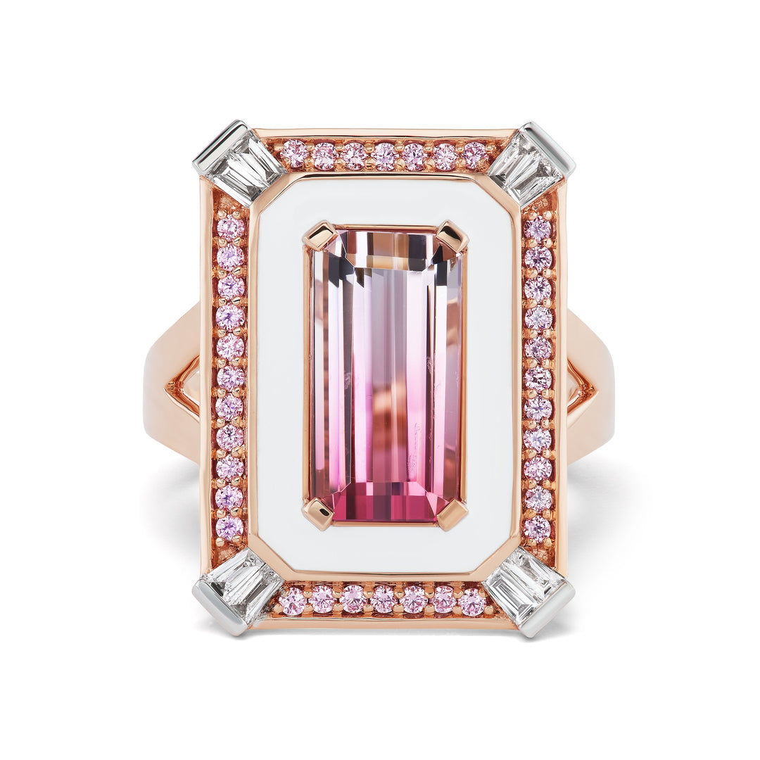 18K Pink Gold, Bi-Color Pink Tourmaline Ring with White Enamel, Round Argyle Pink Diamonds and White Diamonds