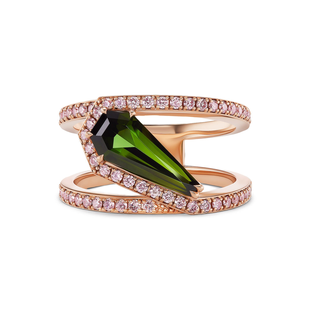 18K Pink Gold Crossover Ring with Shield Green Tourmaline set with Argyle Pink Diamonds