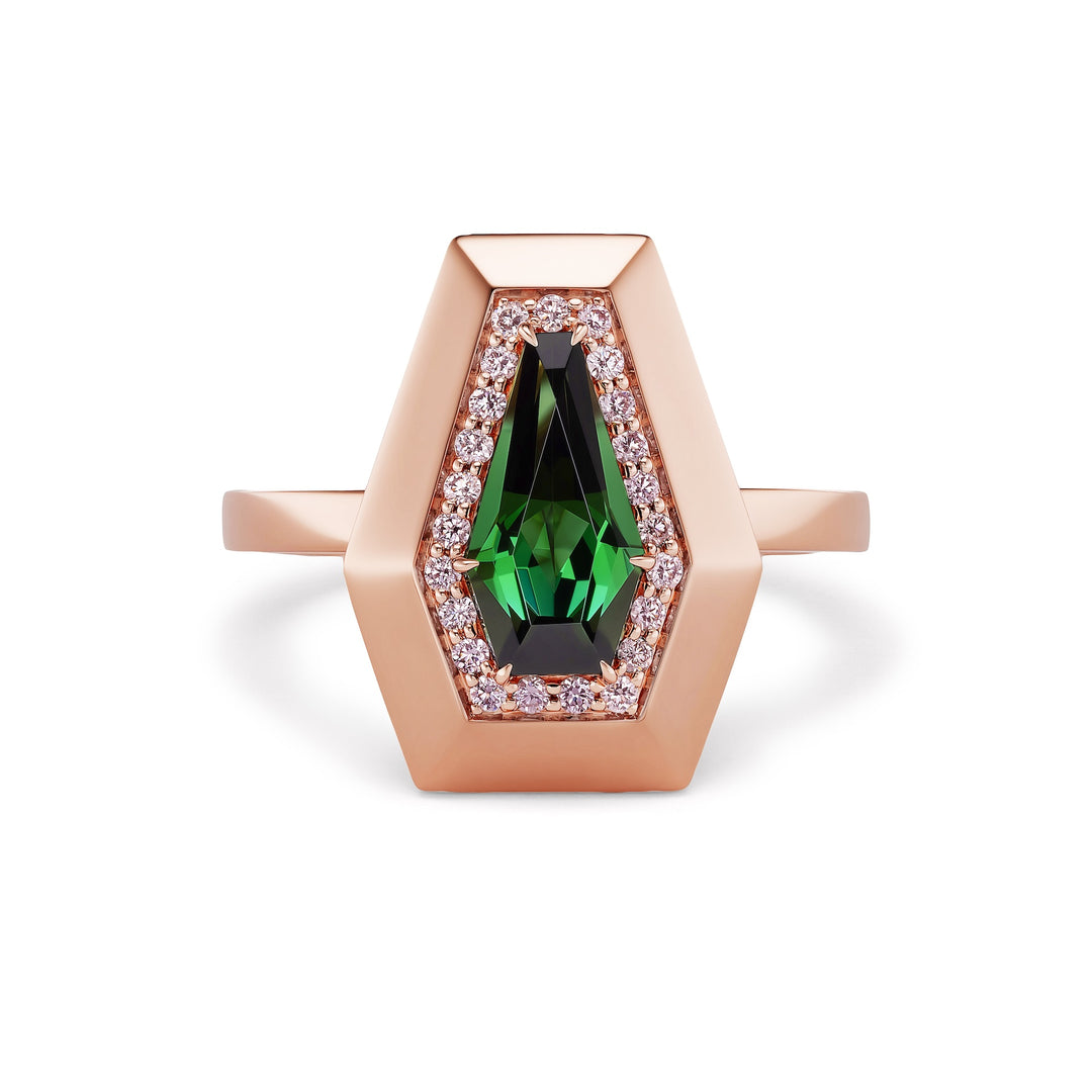 18K Pink Gold and Shield Green Tourmaline Ring with Pink Diamonds