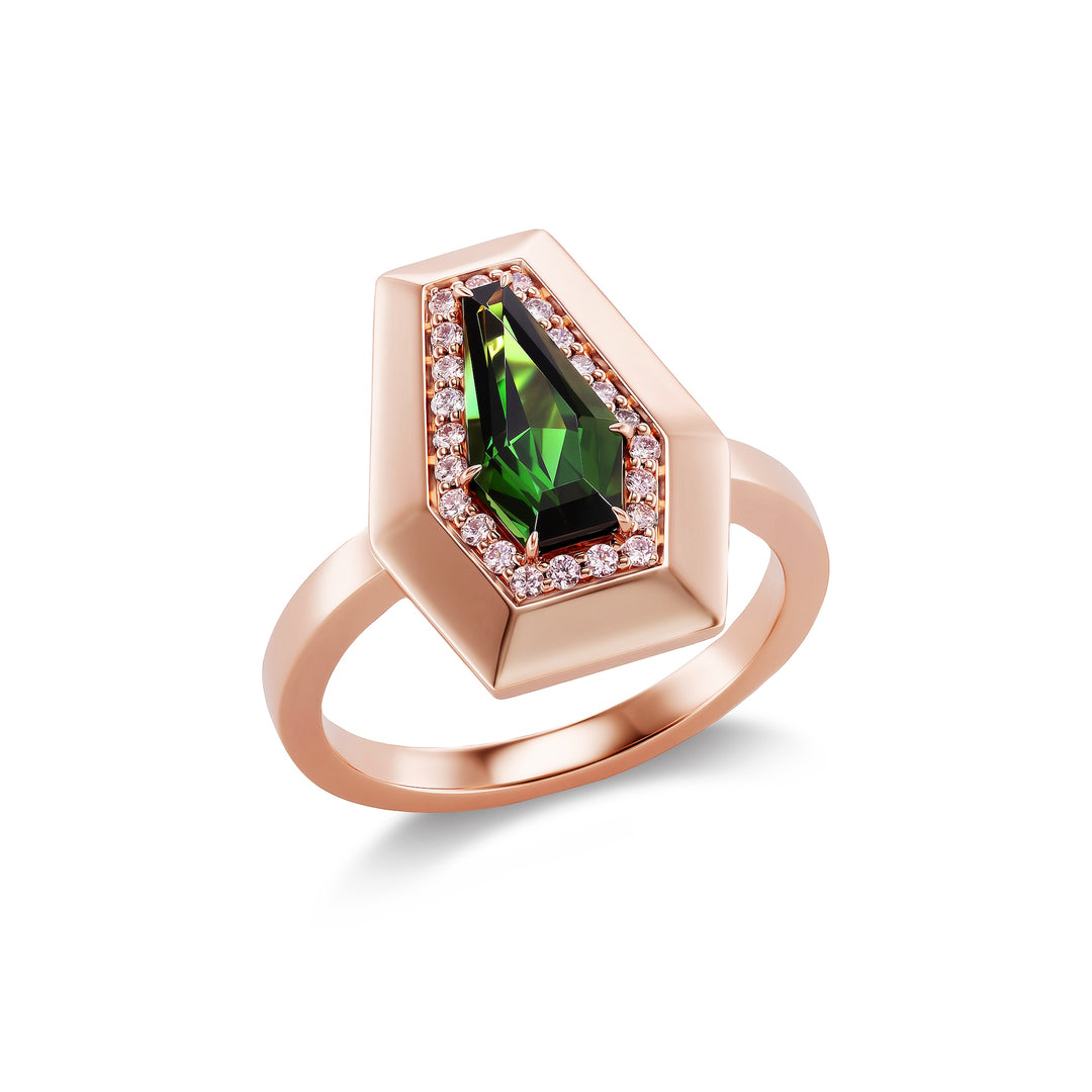 18K Pink Gold and Shield Green Tourmaline Ring with Pink Diamonds