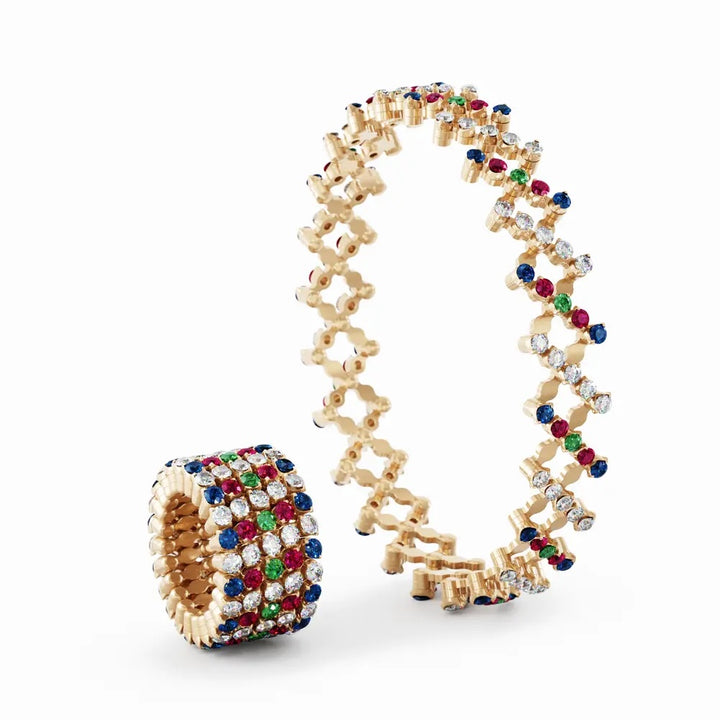 18K Rose Gold Ring Transforms to Bracelet with Diamonds , Blue Sapphires, Rubies & Tsavorites