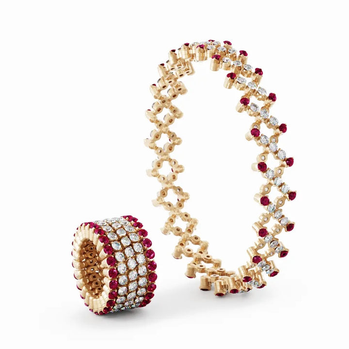 18K Rose Gold Flexible Ring Bracelet with Diamonds & Rubies