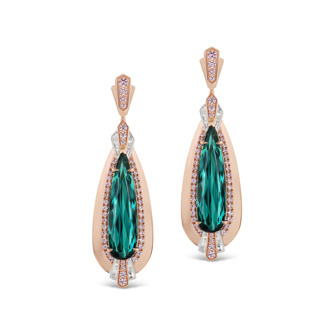18K Pink & White Gold, Pear Shape Green Tourmaline Earrings, Argyle Pink & White Diamonds