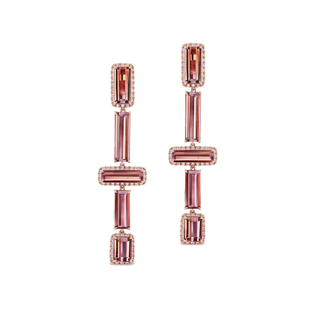 18K Pink Gold Rectangular Pink Tourmaline Line Dangle Earrings with Round Argyle Pink Diamonds