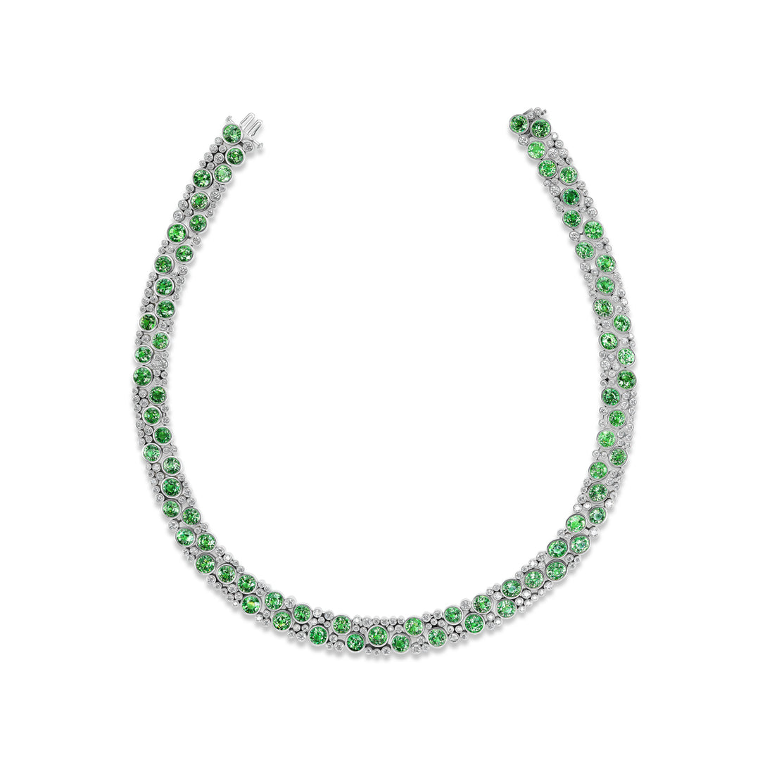 18K White Gold Grand De La Vie Necklace with Round Tsavorite Garnets and Round Brilliant Cut Diamonds